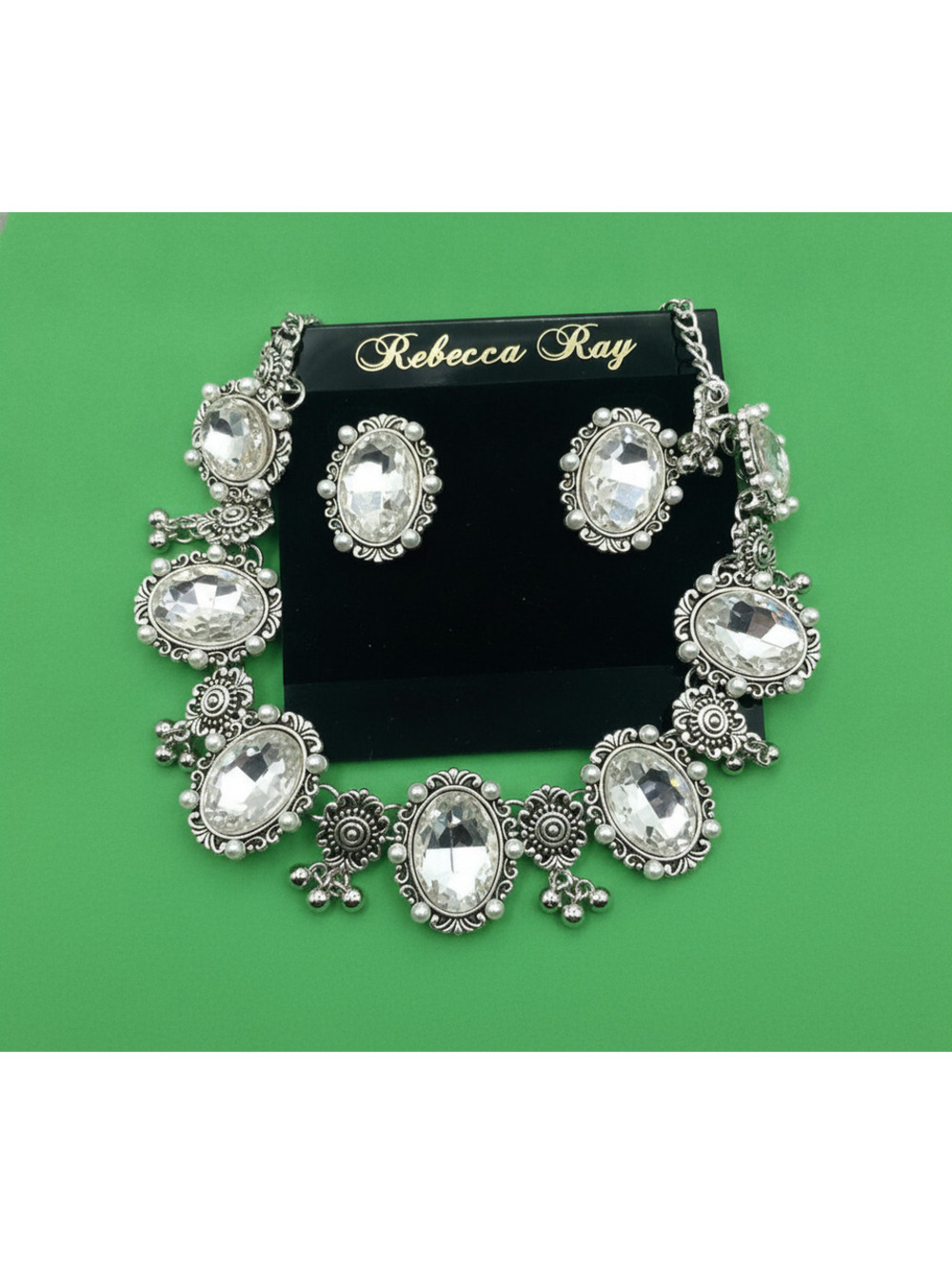 Rebecca Ray Vintage Style Clear Crystal Necklace & Earrings